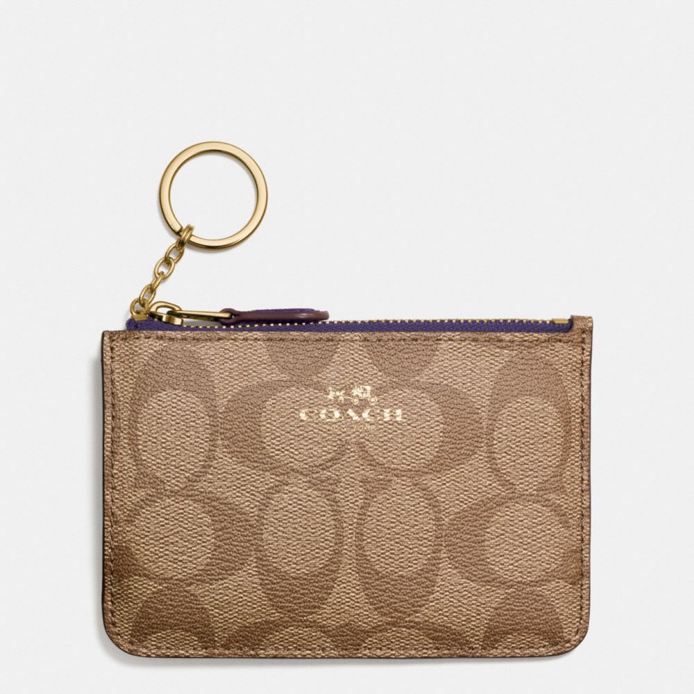 COACH f63923 KEY POUCH WITH GUSSET IN SIGNATURE IMITATION GOLD/KHAKI AUBERGINE