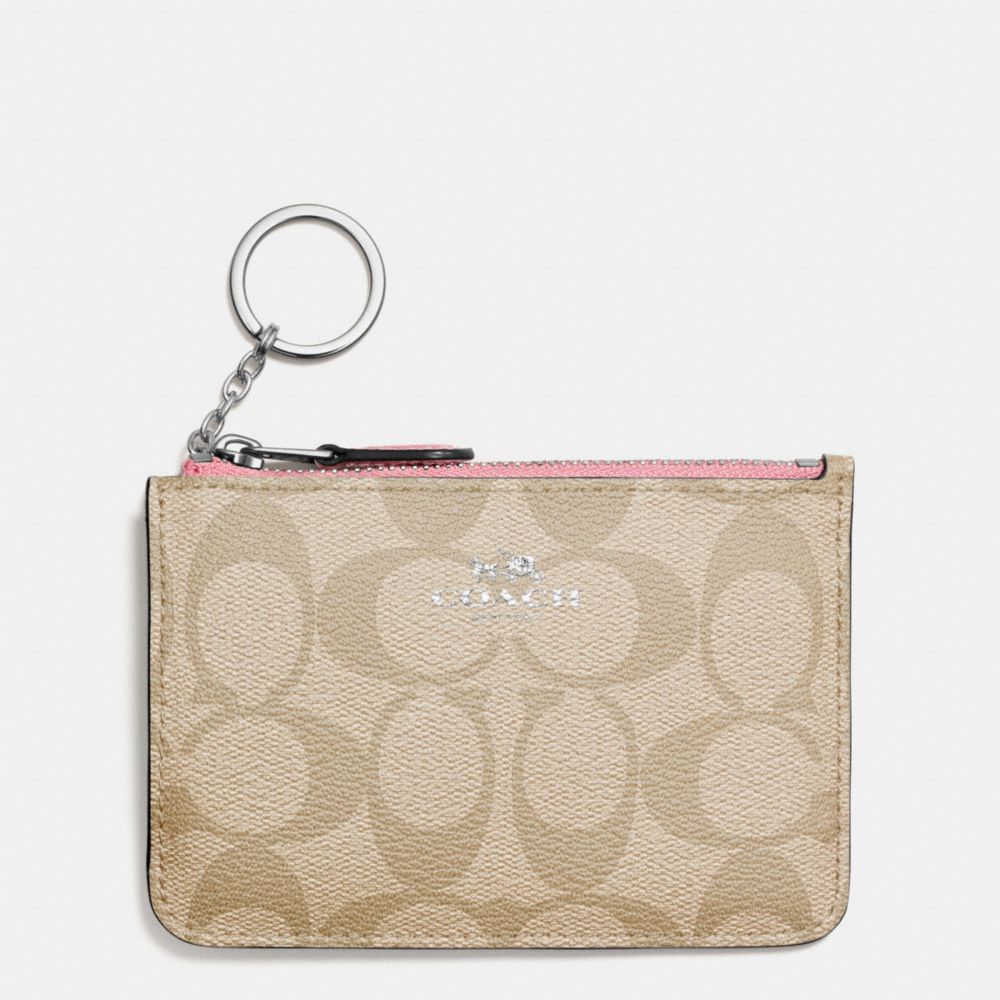 KEY POUCH WITH GUSSET IN SIGNATURE COATED CANVAS - f63923 - SILVER/LIGHT KHAKI/BLUSH