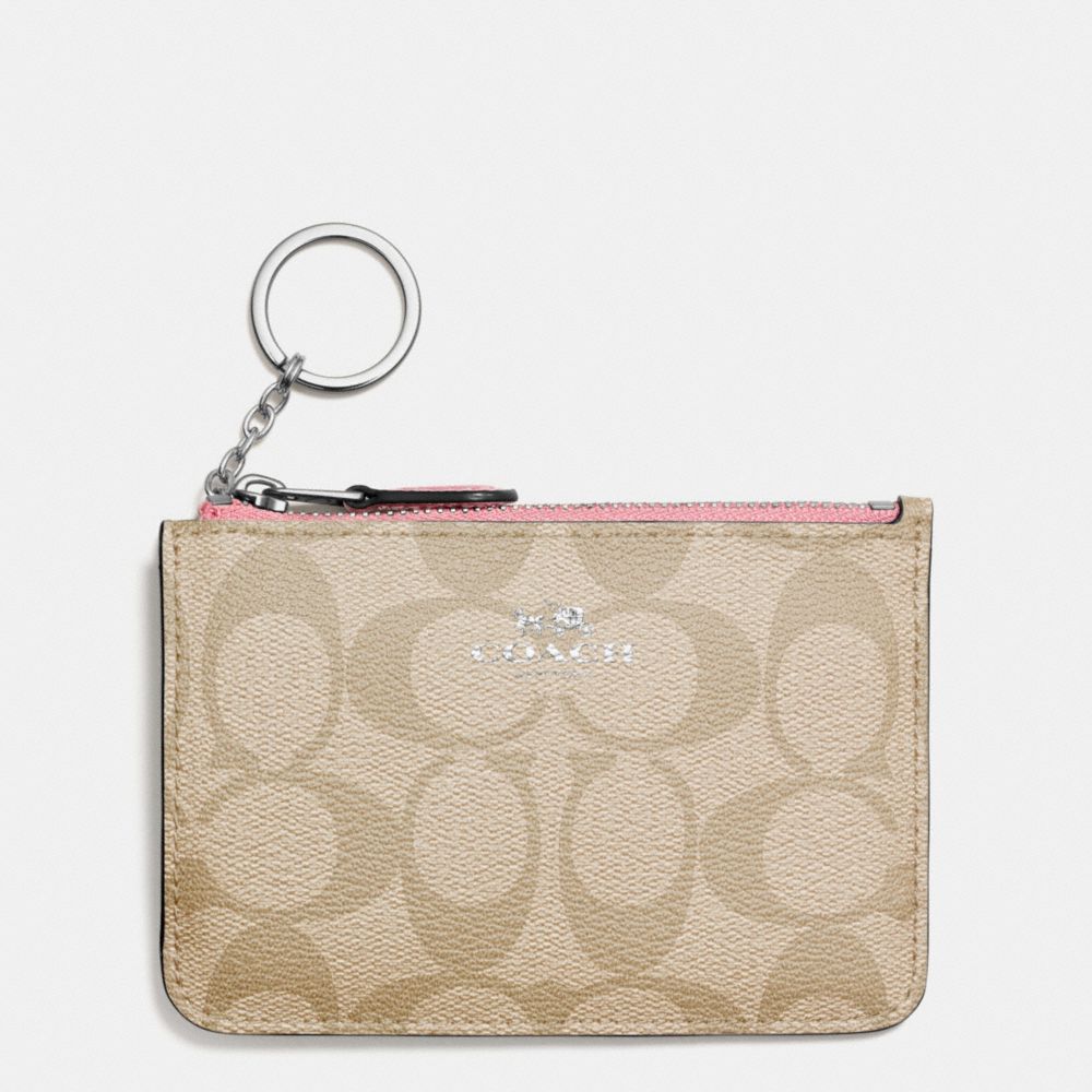 COACH F63923 Key Pouch With Gusset In Signature Coated Canvas SILVER/LIGHT KHAKI/BLUSH