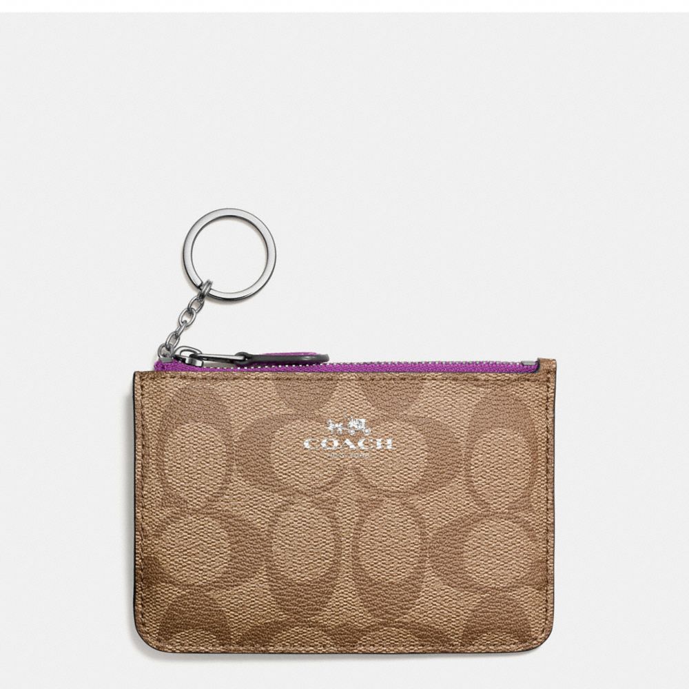 KEY POUCH WITH GUSSET IN SIGNATURE COATED CANVAS - SILVER/KHAKI - COACH F63923