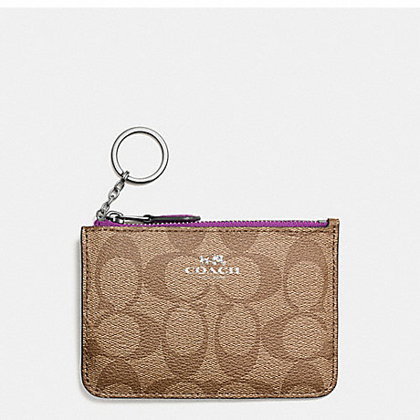 COACH KEY POUCH WITH GUSSET IN SIGNATURE COATED CANVAS - SILVER/KHAKI - f63923