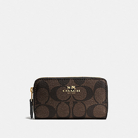 COACH F63975 SMALL DOUBLE ZIP COIN CASE IN SIGNATURE LIGHT-GOLD/BROWN/BLACK
