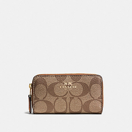 COACH F63975 SMALL DOUBLE ZIP COIN CASE IN SIGNATURE LIGHT-GOLD/KHAKI/SADDLE