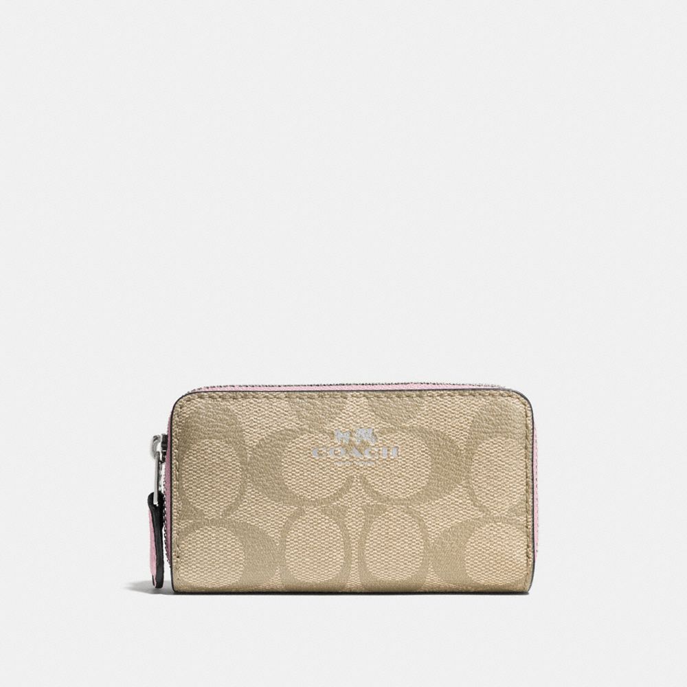 COACH f63975 SMALL DOUBLE ZIP COIN CASE IN SIGNATURE SILVER/LIGHT KHAKI/PETAL