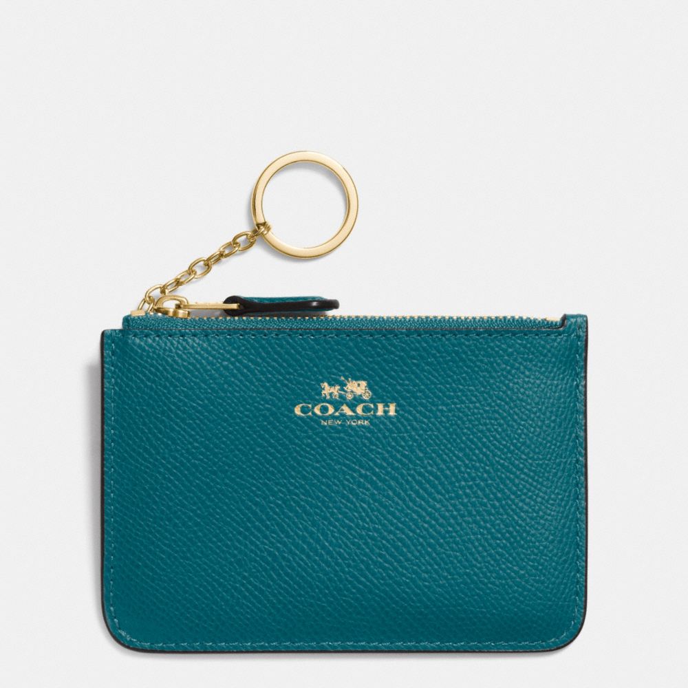 KEY POUCH WITH GUSSET IN CROSSGRAIN LEATHER - IMITATION GOLD/ATLANTIC - COACH F64064
