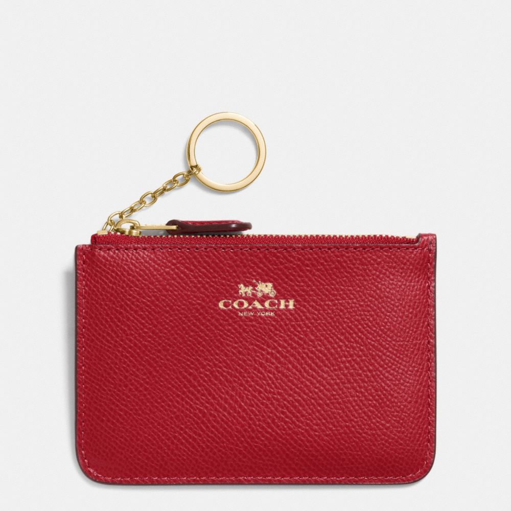 COACH F64064 Key Pouch With Gusset In Crossgrain Leather IMITATION GOLD/TRUE RED