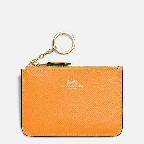 COACH f64064 KEY POUCH WITH GUSSET IN CROSSGRAIN LEATHER IMITATION GOLD/ORANGE PEEL