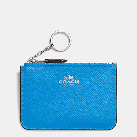 COACH F64064 KEY POUCH WITH GUSSET IN CROSSGRAIN LEATHER SILVER/AZURE