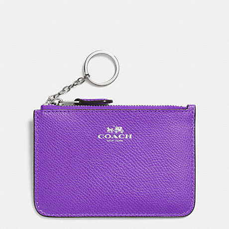 COACH f64064 KEY POUCH WITH GUSSET IN CROSSGRAIN LEATHER SILVER/PURPLE IRIS