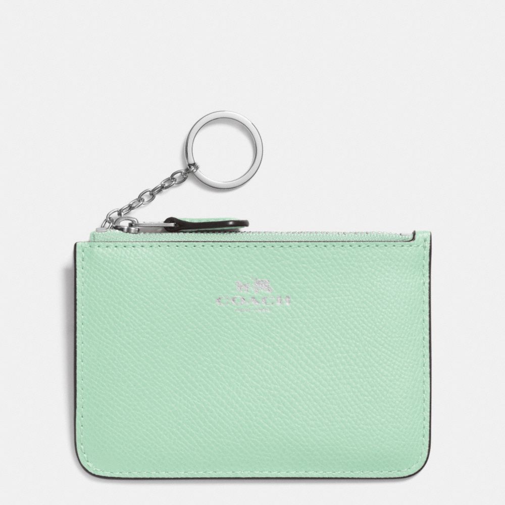 KEY POUCH WITH GUSSET IN CROSSGRAIN LEATHER - SILVER/SEAGLASS - COACH F64064