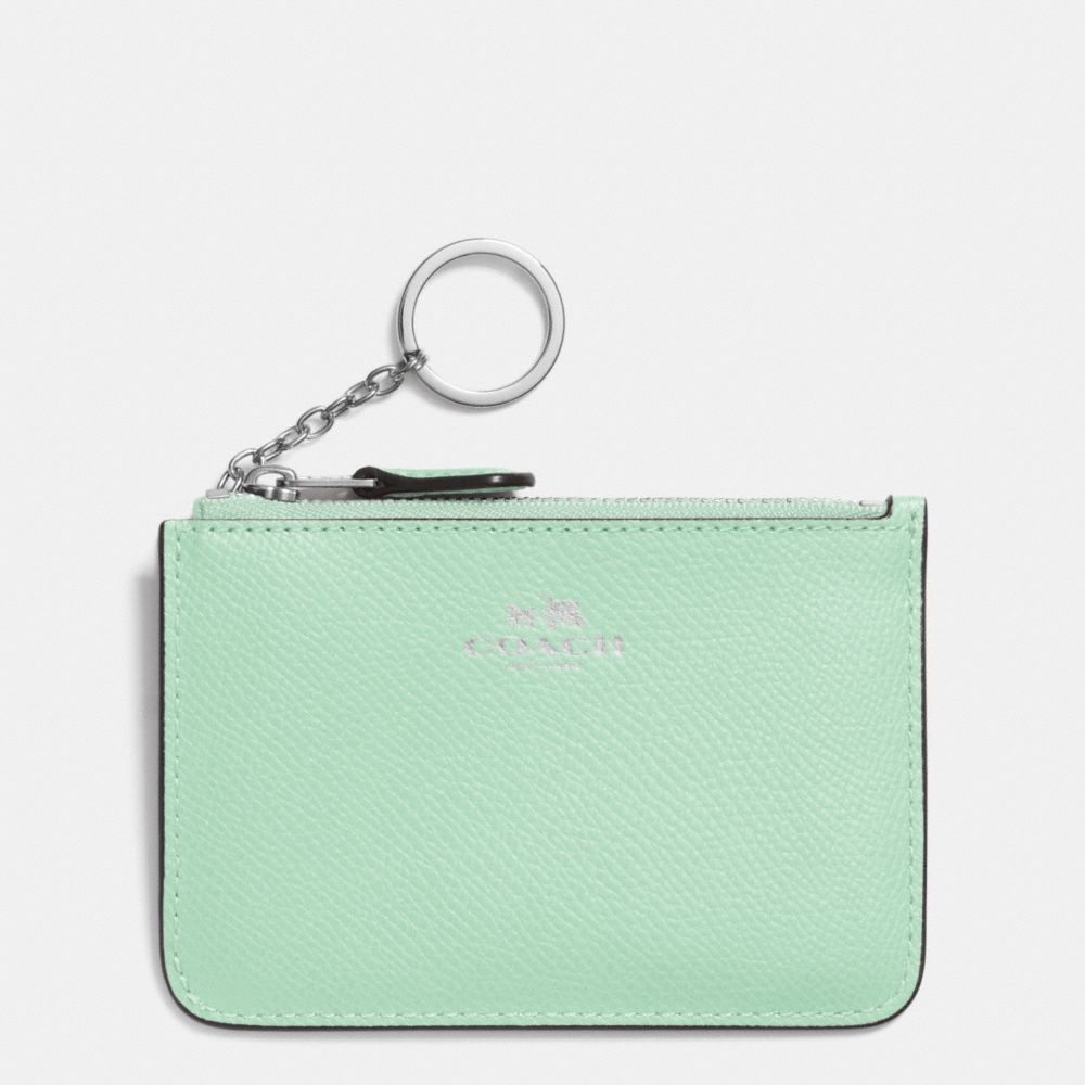 COACH f64064 KEY POUCH WITH GUSSET IN CROSSGRAIN LEATHER SILVER/SEAGLASS