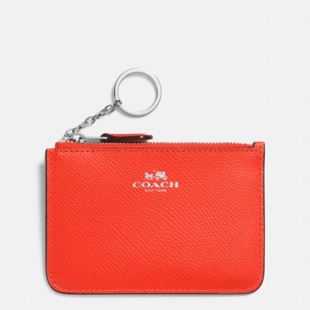 COACH F64064 Key Pouch With Gusset In Crossgrain Leather SILVER/ORANGE