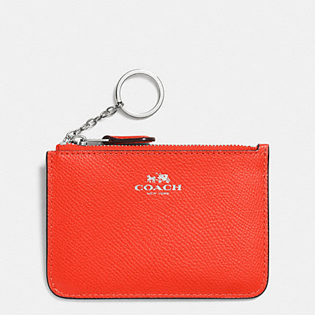 COACH F64064 KEY POUCH WITH GUSSET IN CROSSGRAIN LEATHER SILVER/ORANGE