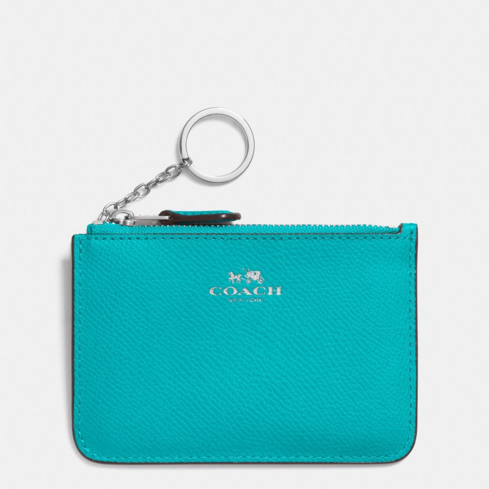 COACH F64064 Key Pouch With Gusset In Crossgrain Leather SILVER/TURQUOISE
