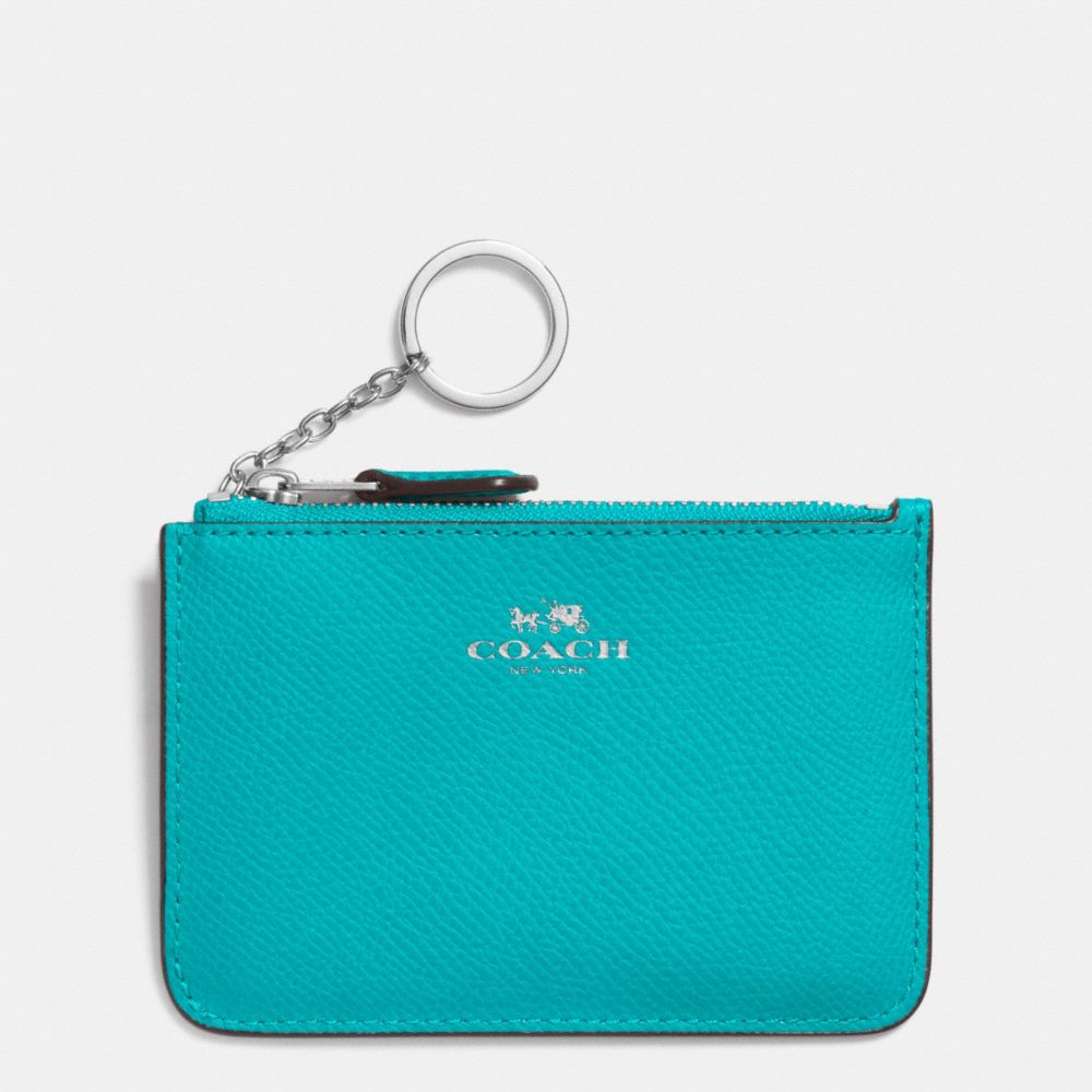 COACH f64064 KEY POUCH WITH GUSSET IN CROSSGRAIN LEATHER SILVER/TURQUOISE