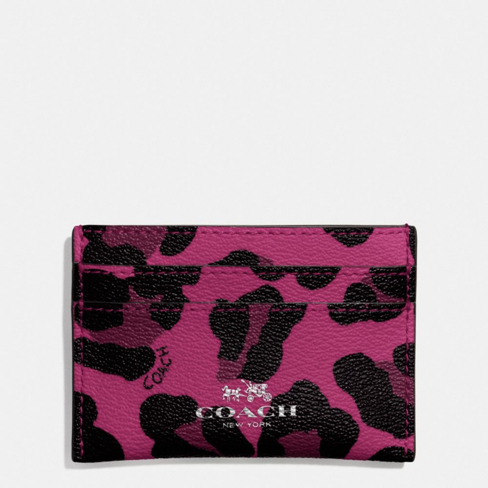 COACH f64065 FLAT CARD CASE IN OCELOT PRINT COATED CANVAS SILVER/CRANBERRY