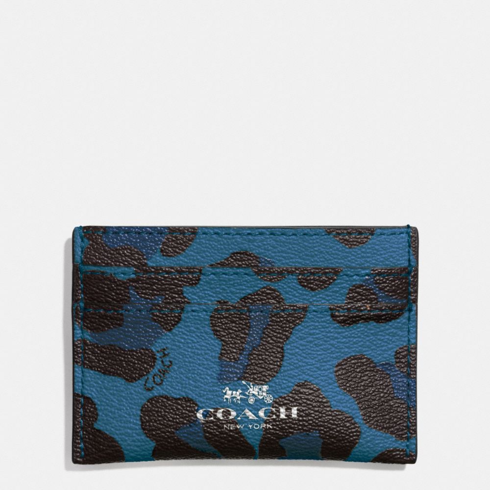 COACH F64065 FLAT CARD CASE IN OCELOT PRINT COATED CANVAS SILVER/SLATE