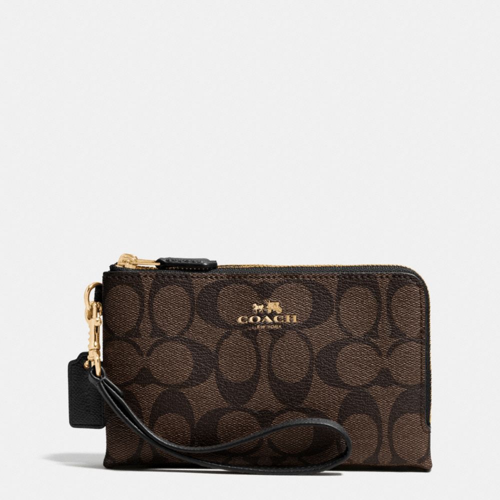 COACH f64131 DOUBLE CORNER ZIP WRISTLET IN SIGNATURE COATED CANVAS LIGHT GOLD/BROWN/BLACK