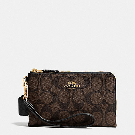 COACH F64131 DOUBLE CORNER ZIP WRISTLET IN SIGNATURE COATED CANVAS LIGHT-GOLD/BROWN/BLACK