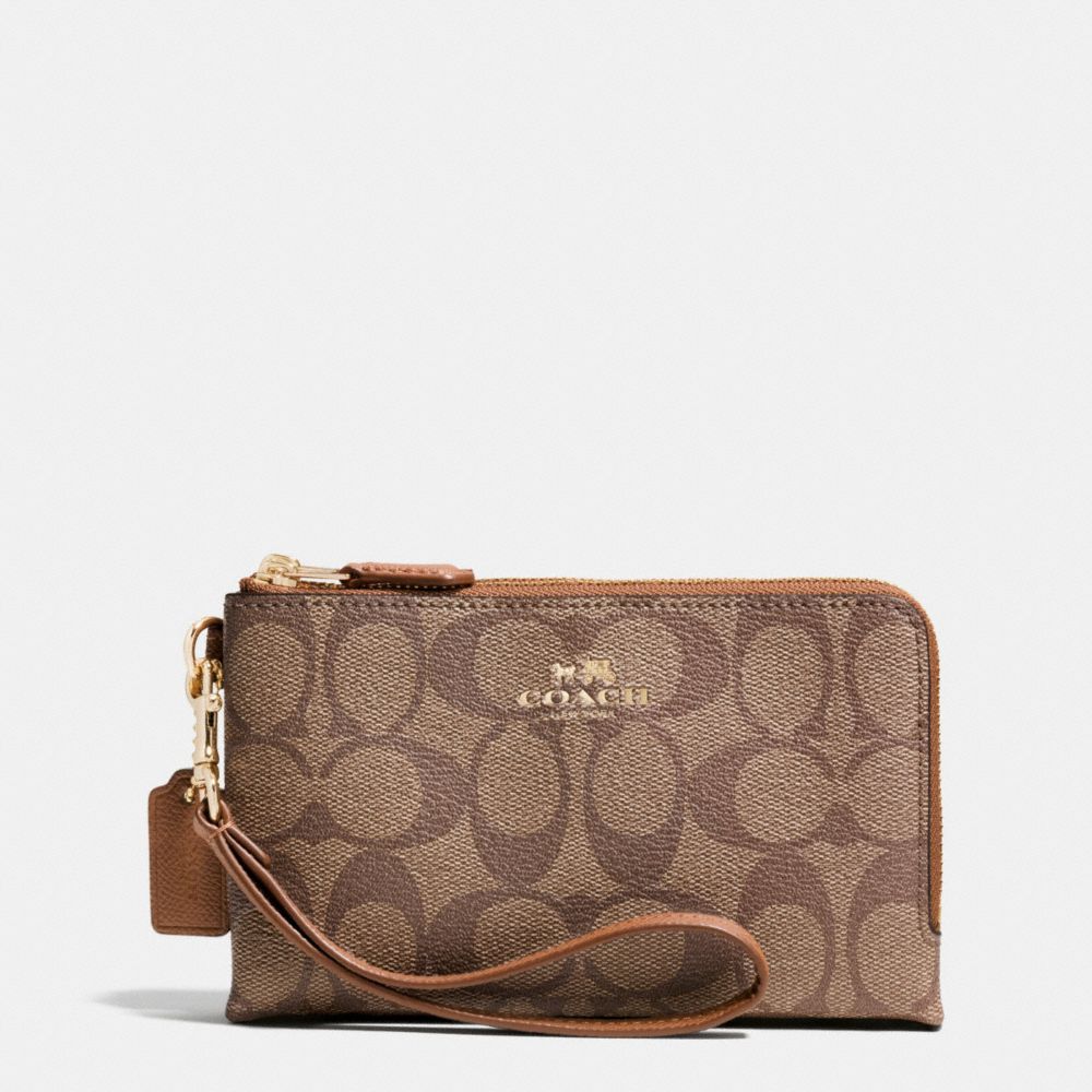 COACH DOUBLE CORNER ZIP WRISTLET IN SIGNATURE COATED CANVAS - LIGHT GOLD/KHAKI/SADDLE - f64131