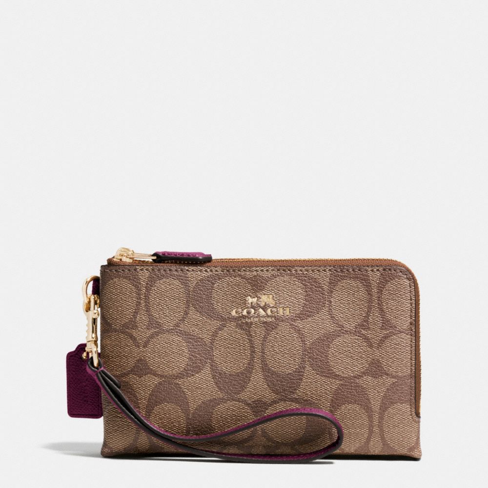 COACH DOUBLE CORNER ZIP WRISTLET IN SIGNATURE - IMITATION GOLD/KHAKI/SHERRY - f64131