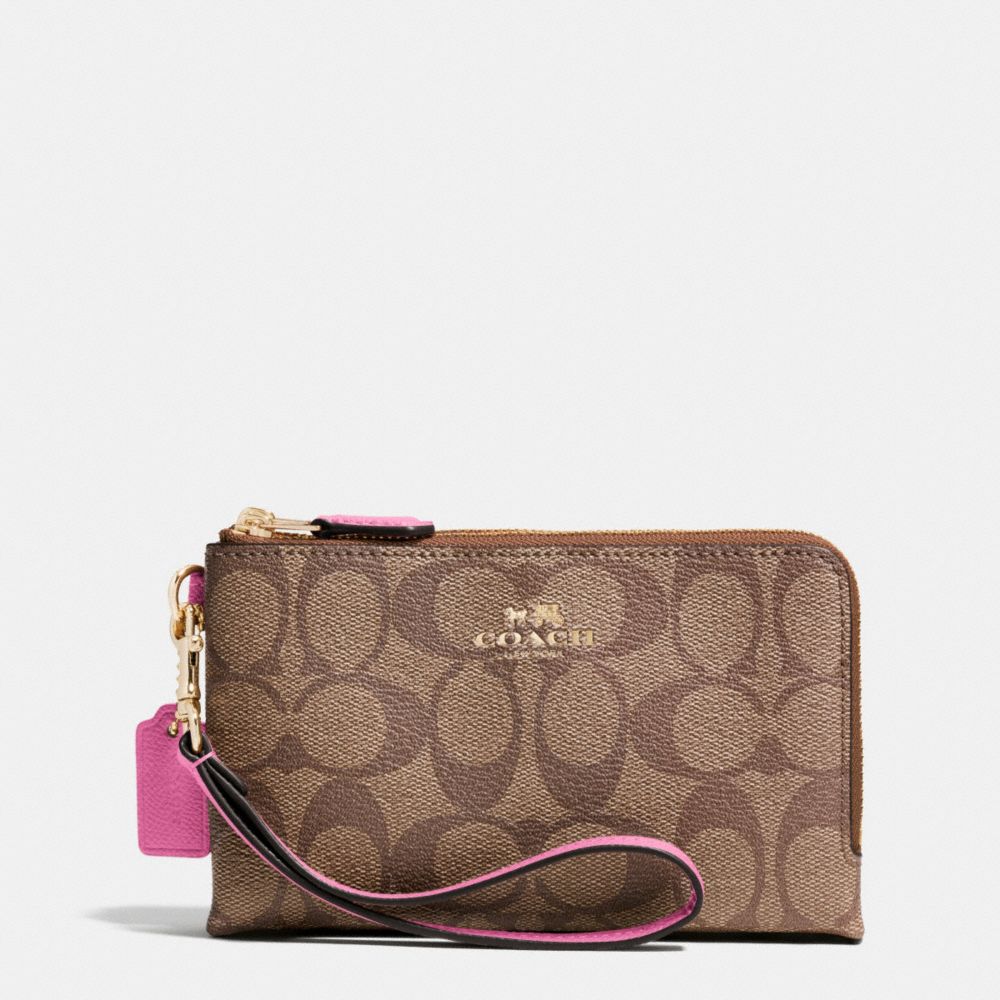 COACH F64131 Double Corner Zip Wristlet In Signature IMITATION GOLD/KHAKI/DAHLIA