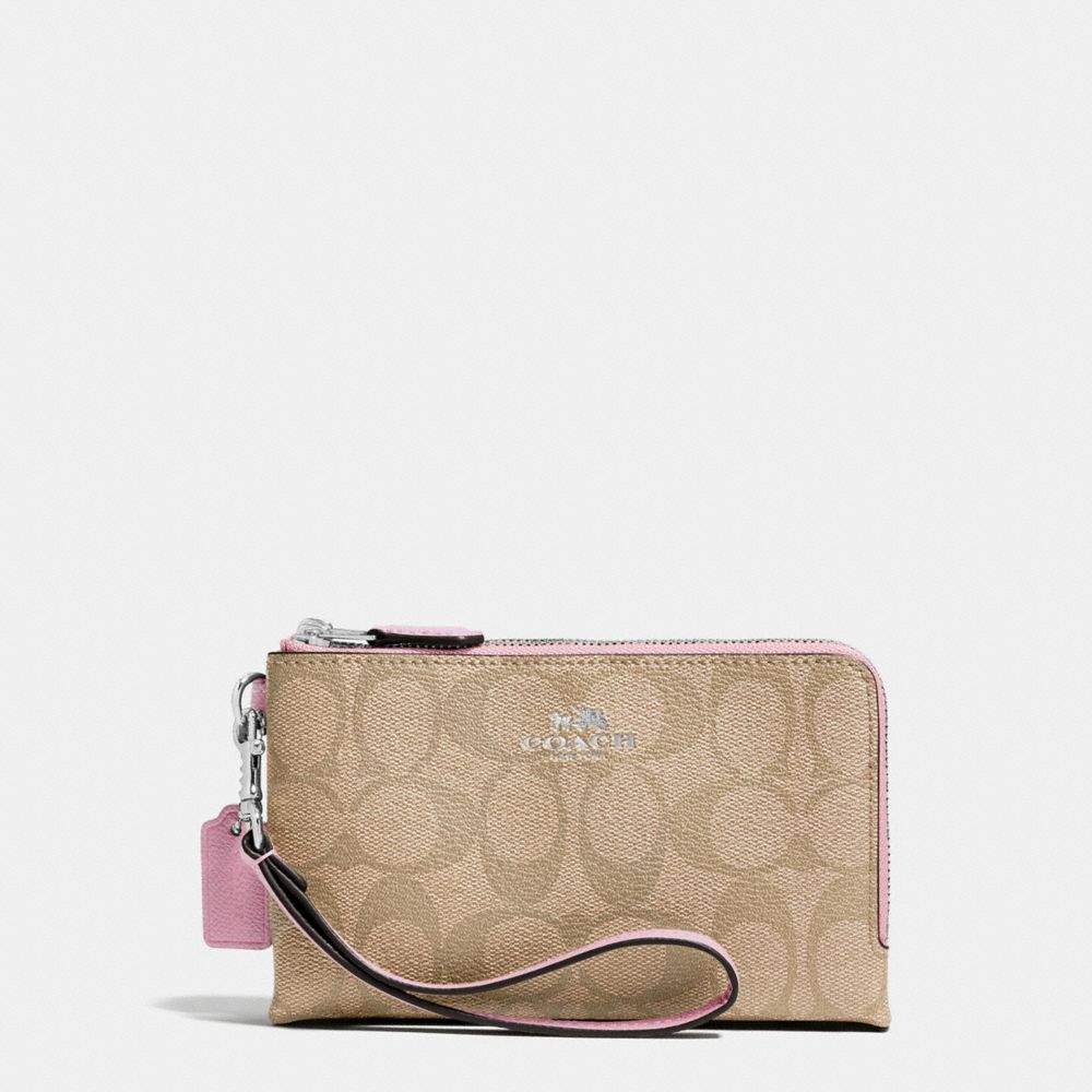 COACH F64131 DOUBLE CORNER ZIP WRISTLET IN SIGNATURE COATED CANVAS SILVER/LIGHT-KHAKI/PETAL