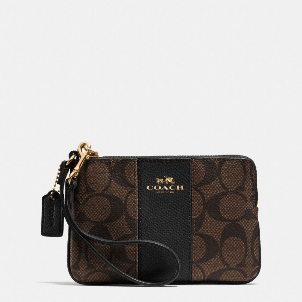 COACH F64233 Corner Zip Wristlet In Signature Coated Canvas With Leather LIGHT GOLD/BROWN/BLACK