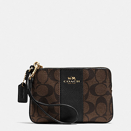 COACH F64233 CORNER ZIP WRISTLET IN SIGNATURE COATED CANVAS WITH LEATHER LIGHT-GOLD/BROWN/BLACK
