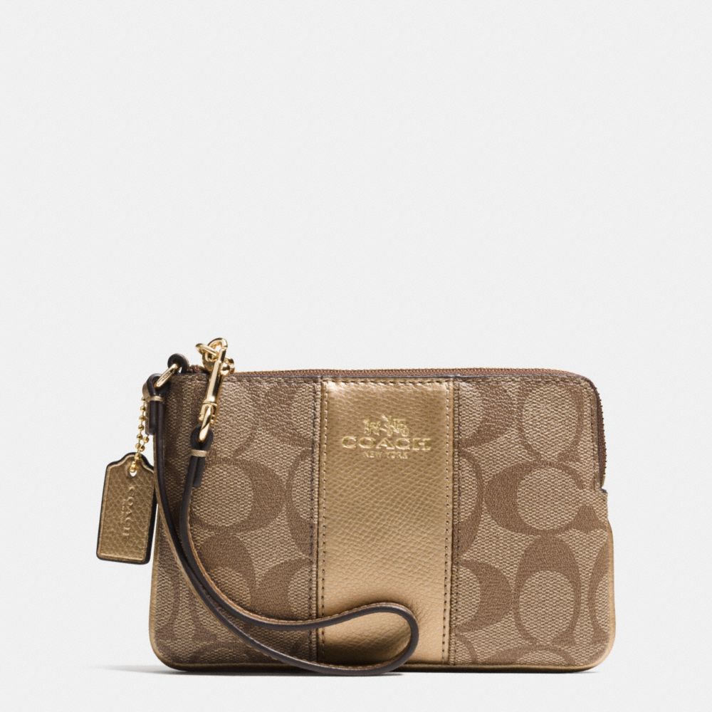 COACH F64233 Corner Zip Wristlet In Signature With Leather Trim IMITATION GOLD/KHAKI/GOLD