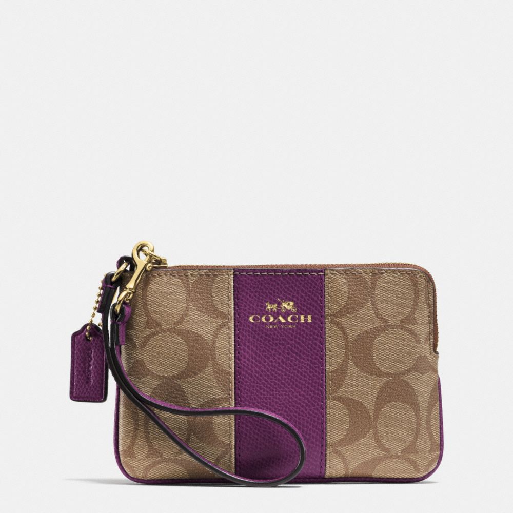 COACH F64233 CORNER ZIP WRISTLET IN SIGNATURE COATED CANVAS WITH LEATHER IMITATION-GOLD/KHAKI/PLUM