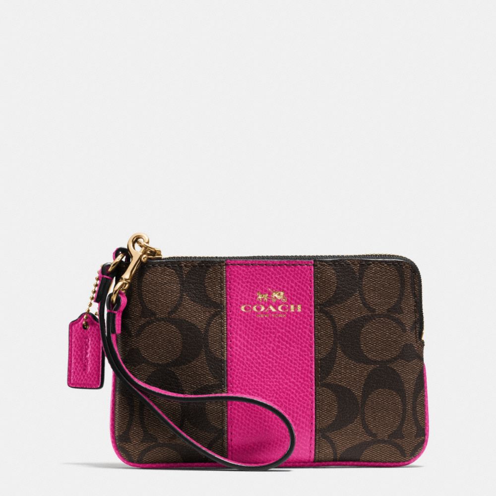 COACH F64233 Corner Zip Wristlet In Signature Coated Canvas With Leather IMITATION GOLD/BROWN/PINK RUBY