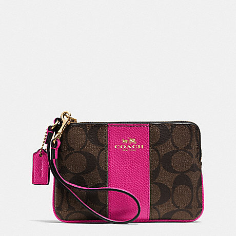 COACH F64233 CORNER ZIP WRISTLET IN SIGNATURE COATED CANVAS WITH LEATHER IMITATION-GOLD/BROWN/PINK-RUBY