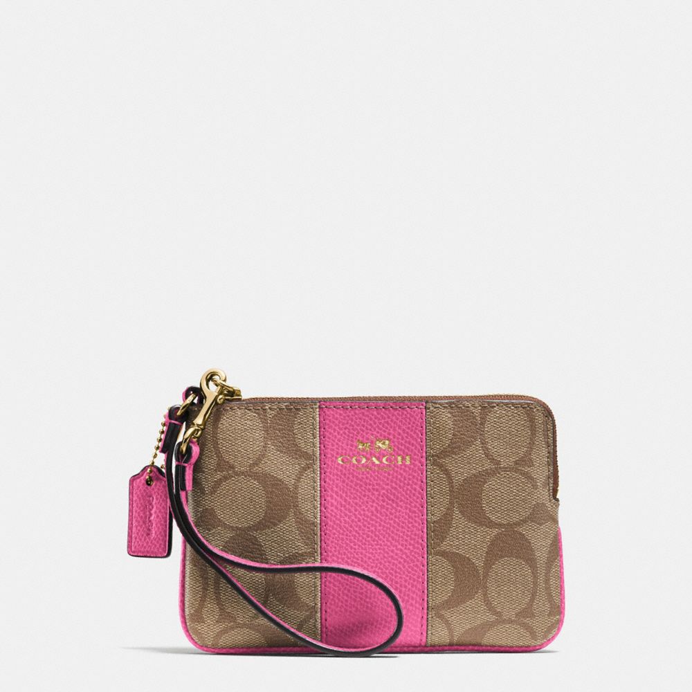 COACH f64233 CORNER ZIP WRISTLET IN SIGNATURE COATED CANVAS WITH LEATHER IMITATION GOLD/KHAKI/DAHLIA