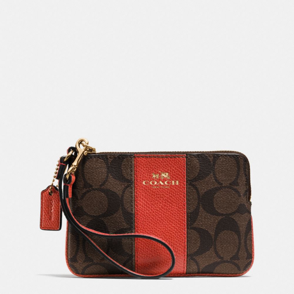 COACH F64233 Corner Zip Wristlet In Signature Coated Canvas With Leather IMITATION GOLD/BROWN/CARMINE