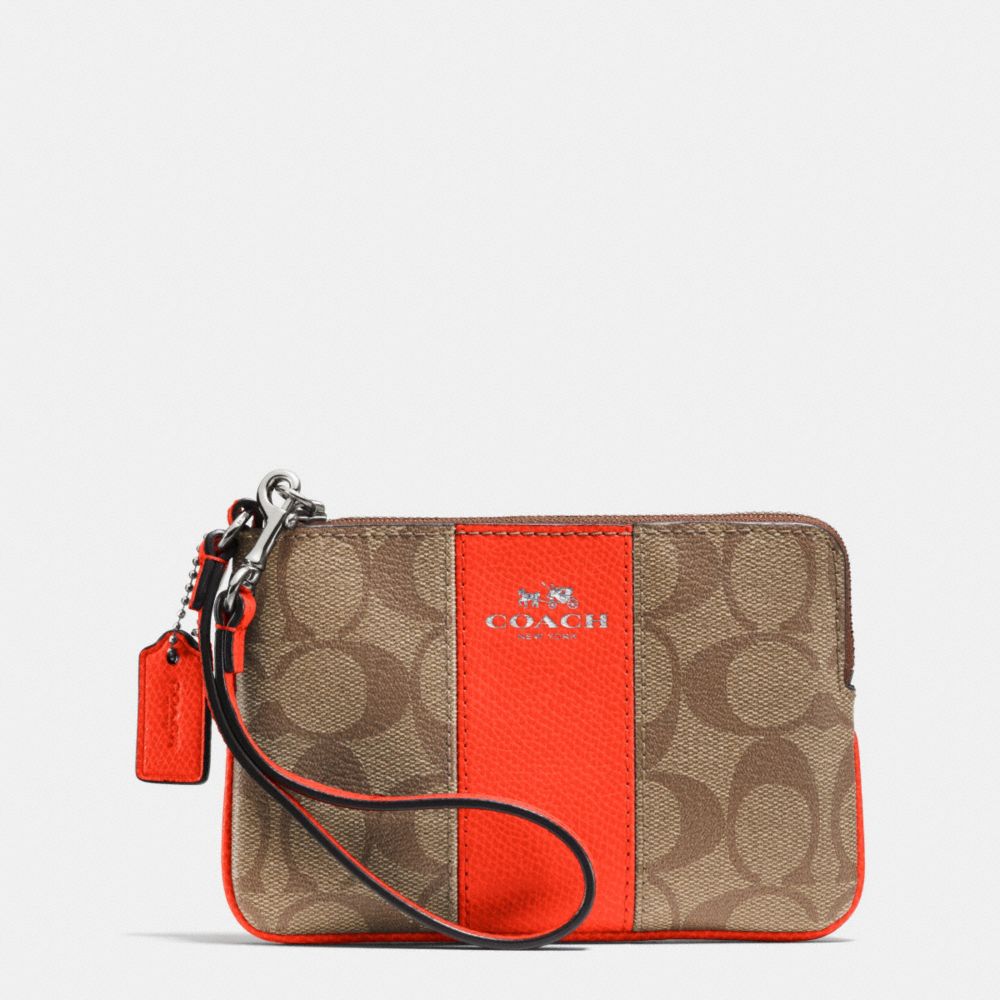 CORNER ZIP WRISTLET IN SIGNATURE COATED CANVAS WITH LEATHER - SILVER/KHAKI/ORANGE - COACH F64233