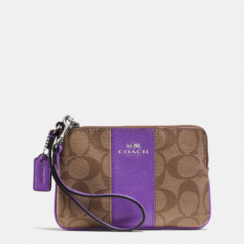 COACH CORNER ZIP WRISTLET IN SIGNATURE COATED CANVAS WITH LEATHER - SILVER/KHAKI/PURPLE IRIS - f64233