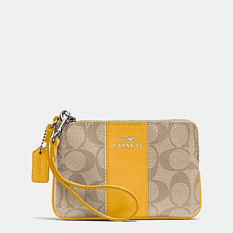 COACH f64233 CORNER ZIP WRISTLET IN SIGNATURE COATED CANVAS WITH LEATHER SILVER/LIGHT KHAKI/CANARY