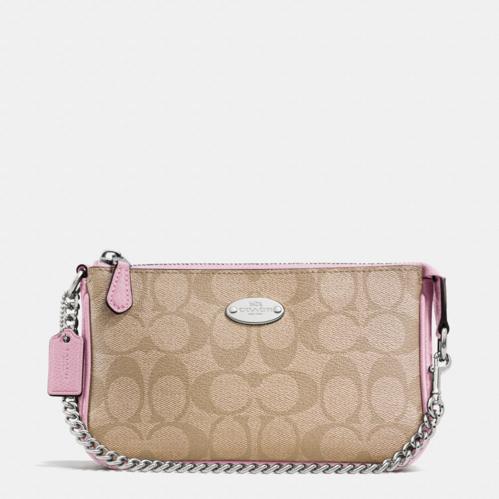 LARGE WRISTLET 19 IN SIGNATURE COATED CANVAS - SILVER/LIGHT KHAKI/PETAL - COACH F64234