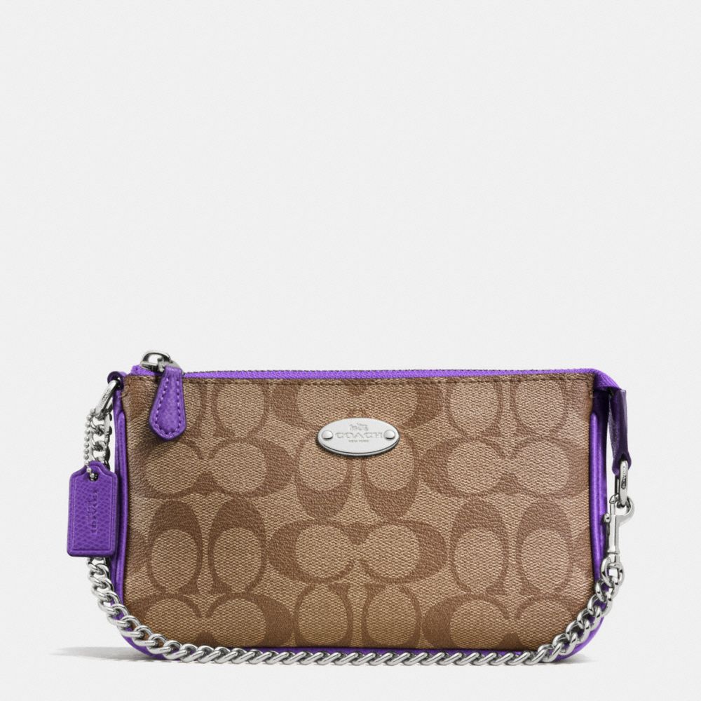 LARGE WRISTLET 19 IN SIGNATURE COATED CANVAS - COACH F64234 - SILVER/KHAKI/PURPLE IRIS