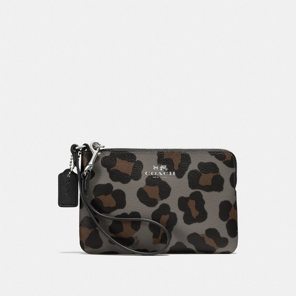 COACH F64238 CORNER ZIP WRISTLET WITH OCELOT PRINT SILVER/GREY-MULTI