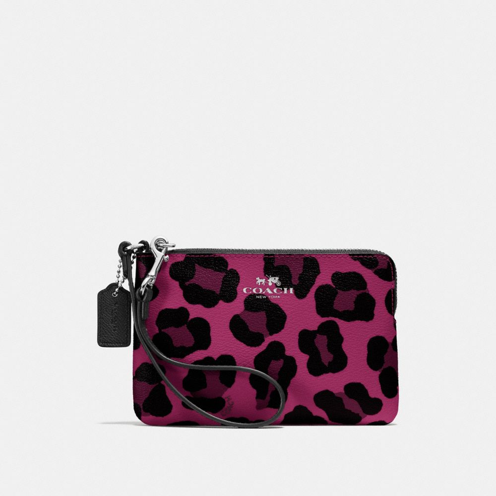 CORNER ZIP WRISTLET IN OCELOT PRINT COATED CANVAS - SILVER/CRANBERRY - COACH F64238