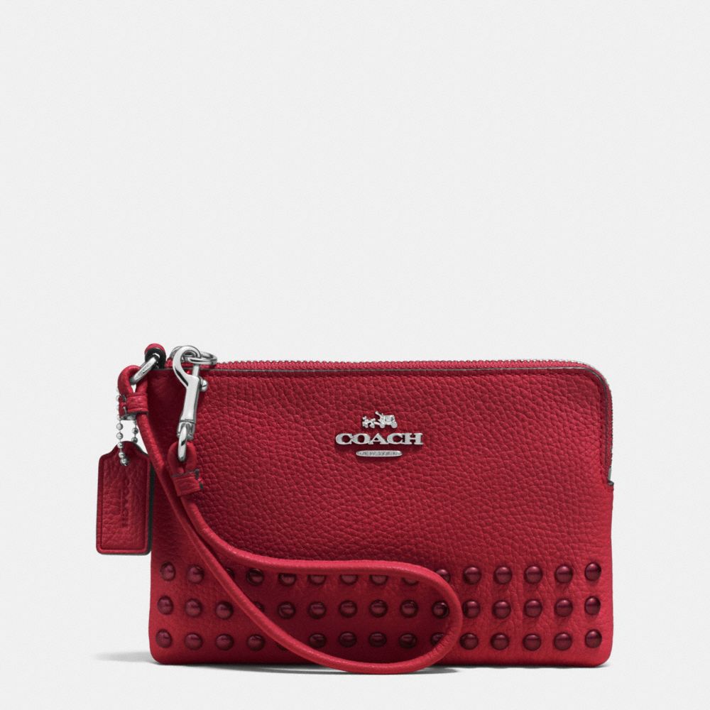 COACH F64252 Corner Zip Wristlet In Polished Pebble Leather With Lacquer Rivets SILVER/RED CURRANT