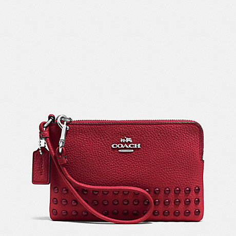COACH F64252 CORNER ZIP WRISTLET IN POLISHED PEBBLE LEATHER WITH LACQUER RIVETS SILVER/RED-CURRANT