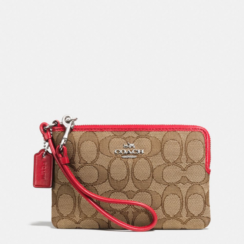 COACH f64283 CORNER ZIP WRISTLET IN SIGNATURE SILVER/KHAKI/TRUE RED