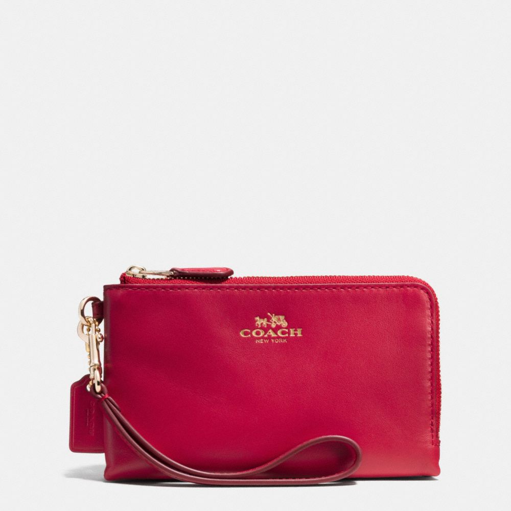 COACH F64581 Double Corner Zip Wristlet In Leather IMITATION GOLD/CLASSIC RED