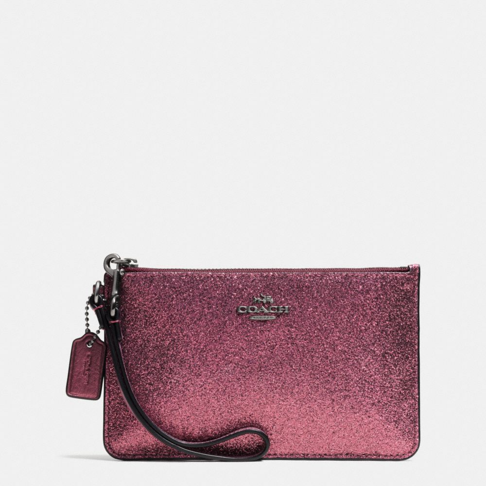 COACH F64585 Small Wristlet In Glitter Fabric ANTIQUE NICKEL/METALLIC CHERRY