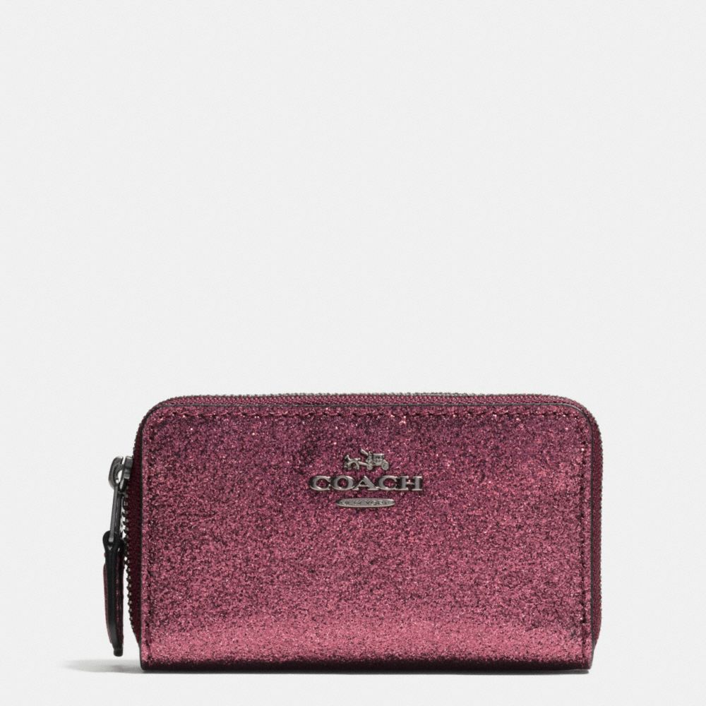 COACH f64587 SMALL DOUBLE ZIP COIN CASE IN GLITTER FABRIC ANTIQUE NICKEL/METALLIC CHERRY