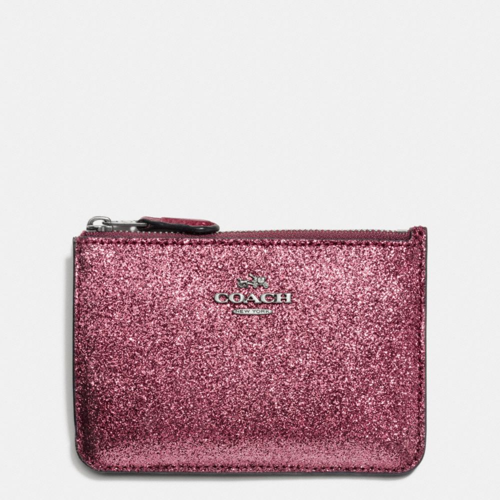 KEY POUCH WITH GUSSET IN GLITTER FABRIC - ANTIQUE NICKEL/METALLIC CHERRY - COACH F64588