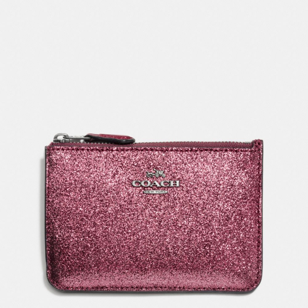 COACH F64588 Key Pouch With Gusset In Glitter Fabric ANTIQUE NICKEL/METALLIC CHERRY